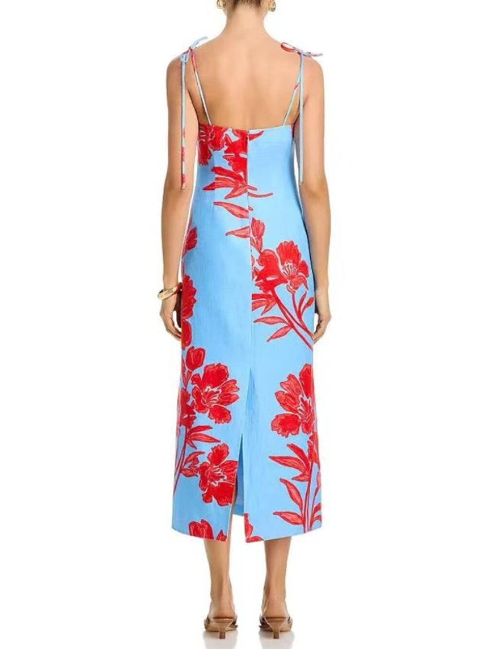 Cara Cara Sky Blue Midi Dress with Bold Red Floral Print - Picture 4 of 12